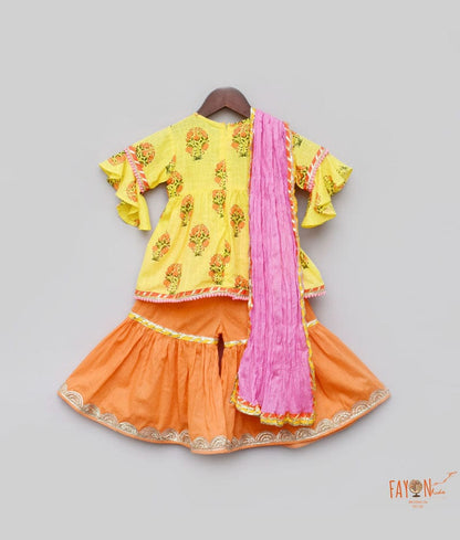 Fayon Kids Yellow Orange Cotton Printed Sharara with Kurti Pink Cotton Crinkle Dupatta for Girls