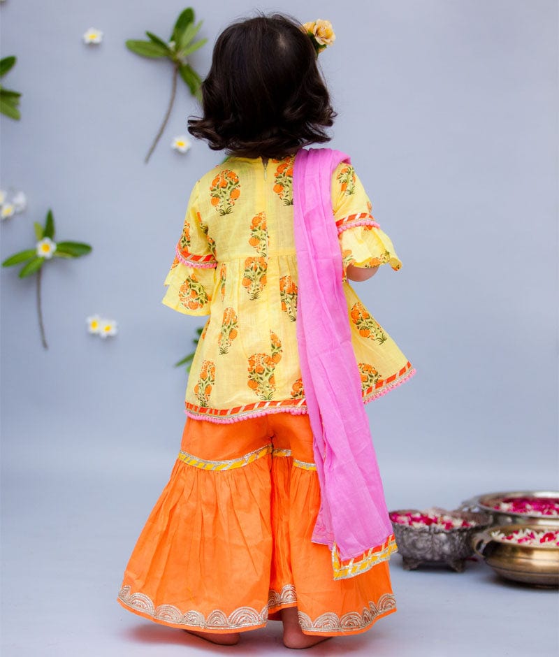 Fayon Kids Yellow Orange Cotton Printed Sharara with Kurti Pink Cotton Crinkle Dupatta for Girls