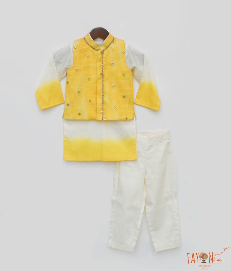 Fayon Kids Yellow Organza Jacket with Kurta and Pant for Boys