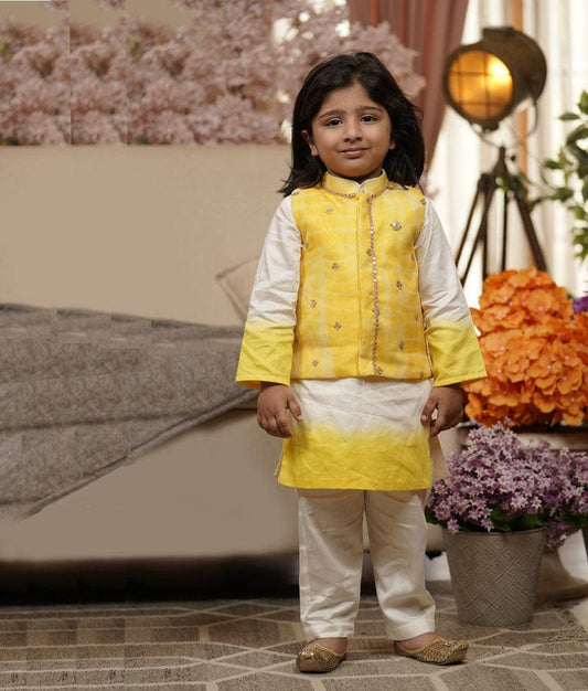 Fayon Kids Yellow Organza Jacket with Kurta and Pant for Boys