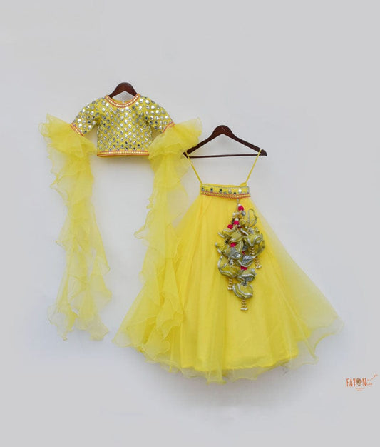 Fayon Kids Yellow Organza Mirror Embroidery Lehenga with Choli Organza Layers Sleeves for Girls