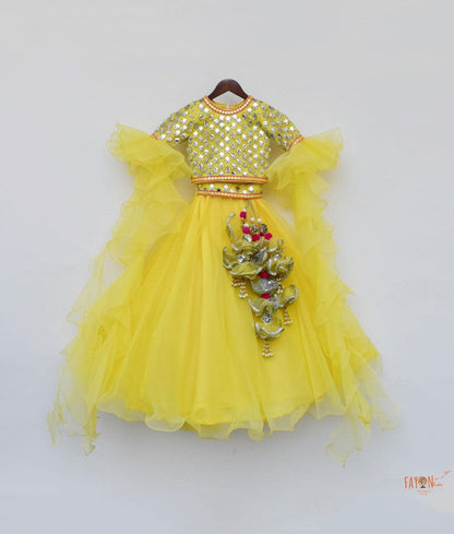 Fayon Kids Yellow Organza Mirror Embroidery Lehenga with Choli Organza Layers Sleeves for Girls