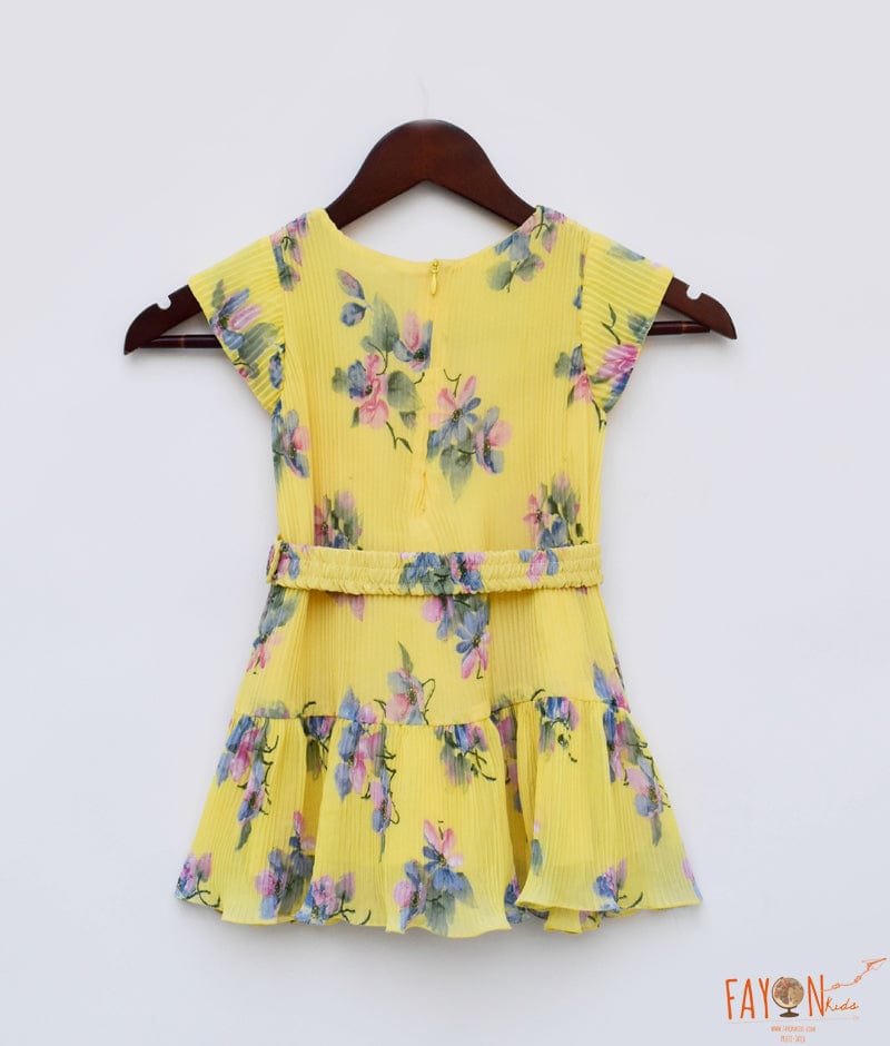 Fayon Kids Yellow Pleated Georgette Printed Dress for Girls