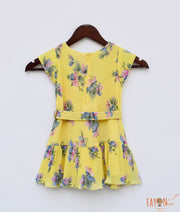 Yellow Pleated Georgette Printed Dress for Girls