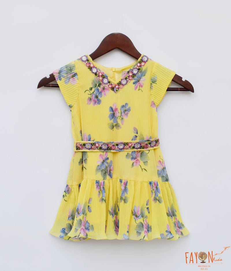 Yellow Pleated Georgette Printed Dress for Girls