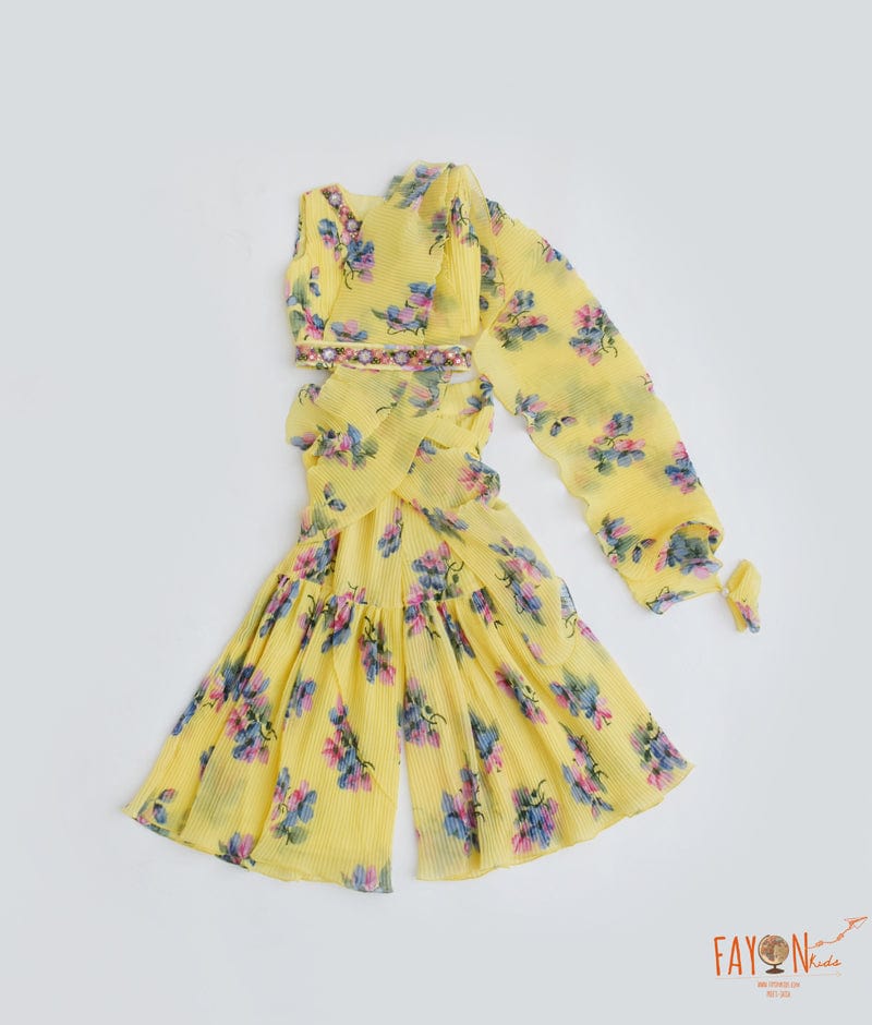 Yellow Pleated Georgette Printed Sharara with Kurti Attached Dupatta for Girls
