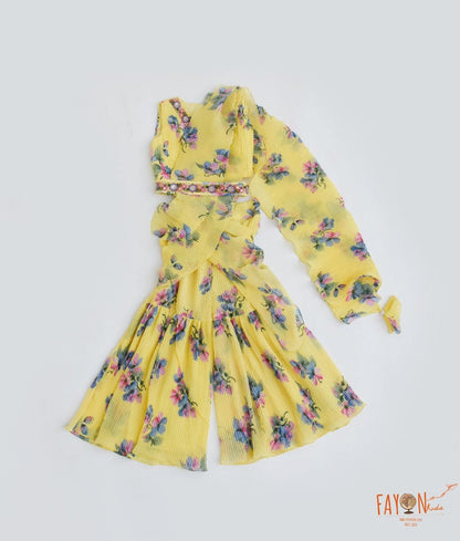 Yellow Pleated Georgette Printed Sharara with Kurti Attached Dupatta for Girls