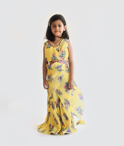 Fayon Kids Yellow Pleated Georgette Printed Sharara with Kurti Attached Dupatta for Girls