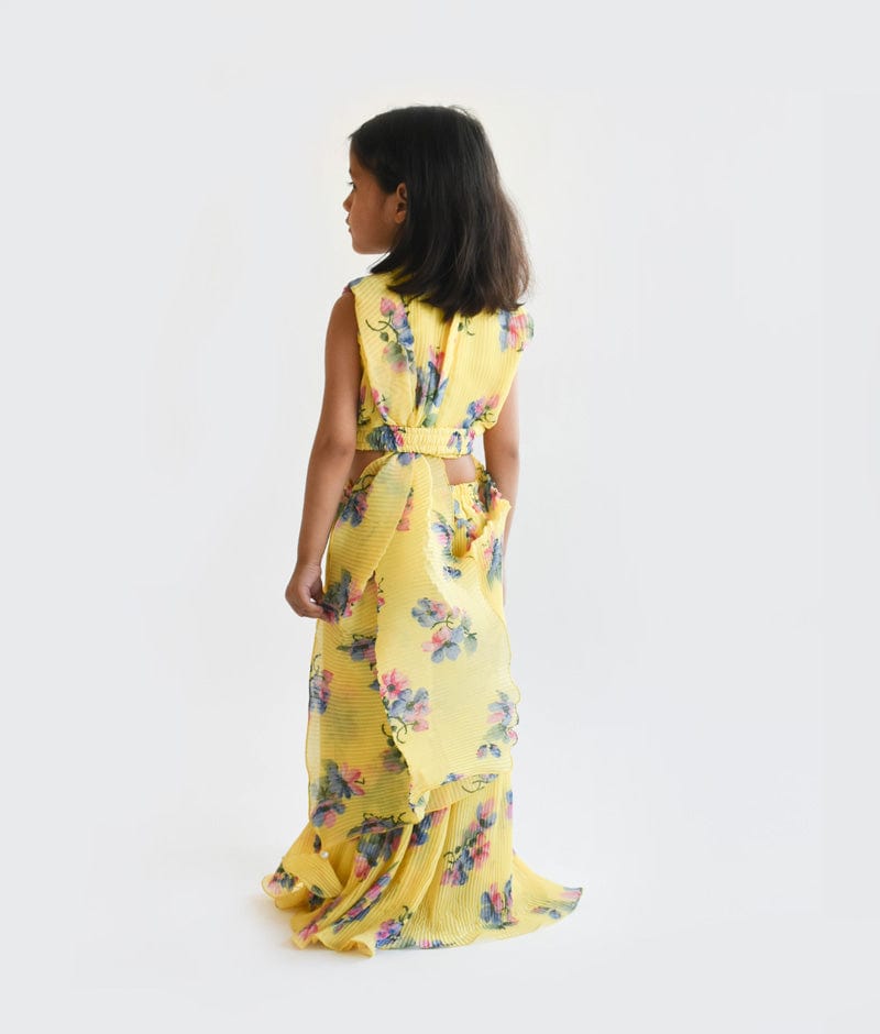 Yellow Pleated Georgette Printed Sharara with Kurti Attached Dupatta for Girls