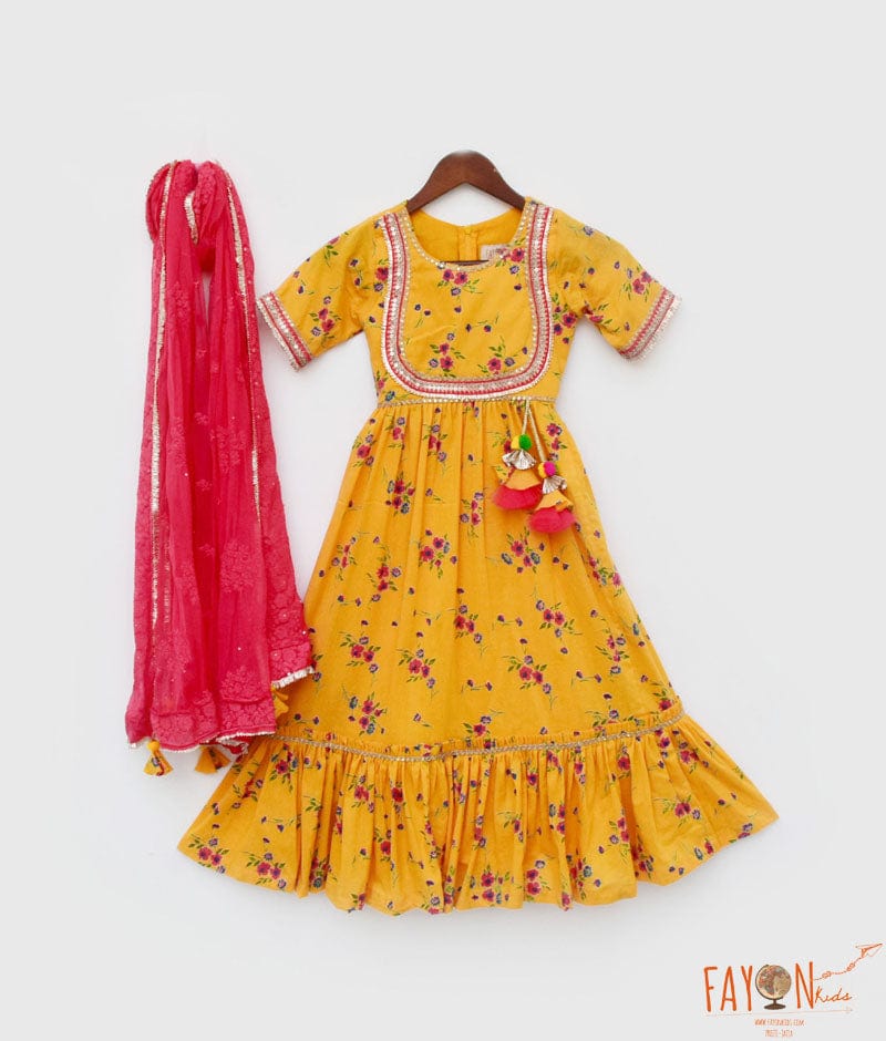 Fayon Kids Yellow Print Anarkali and Chiffon Dupatta for Girls