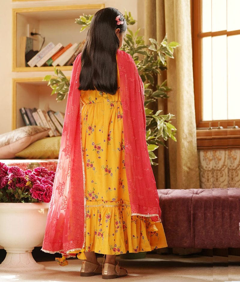 Fayon Kids Yellow Print Anarkali and Chiffon Dupatta for Girls