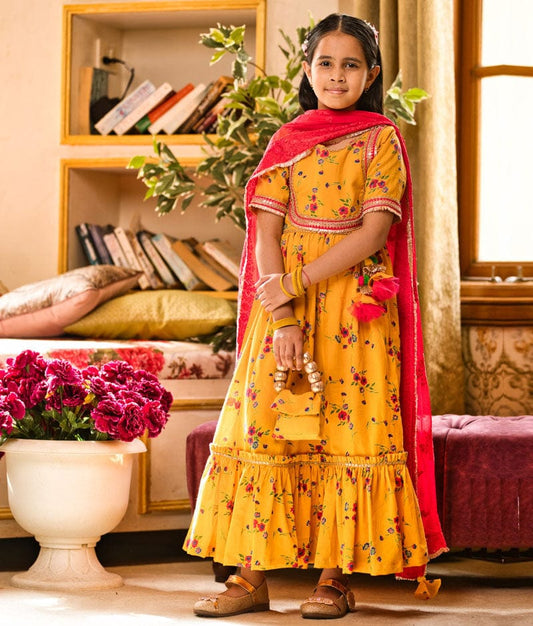 Fayon Kids Yellow Print Anarkali and Chiffon Dupatta for Girls