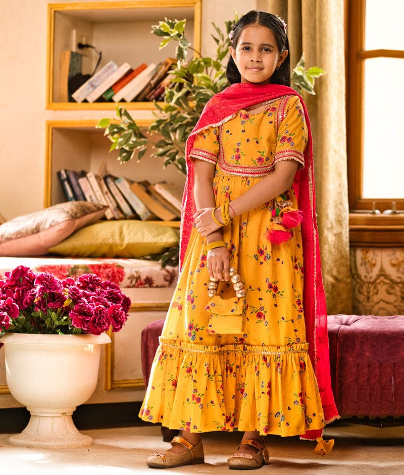 Yellow Print Anarkali and Chiffon Dupatta for Girls
