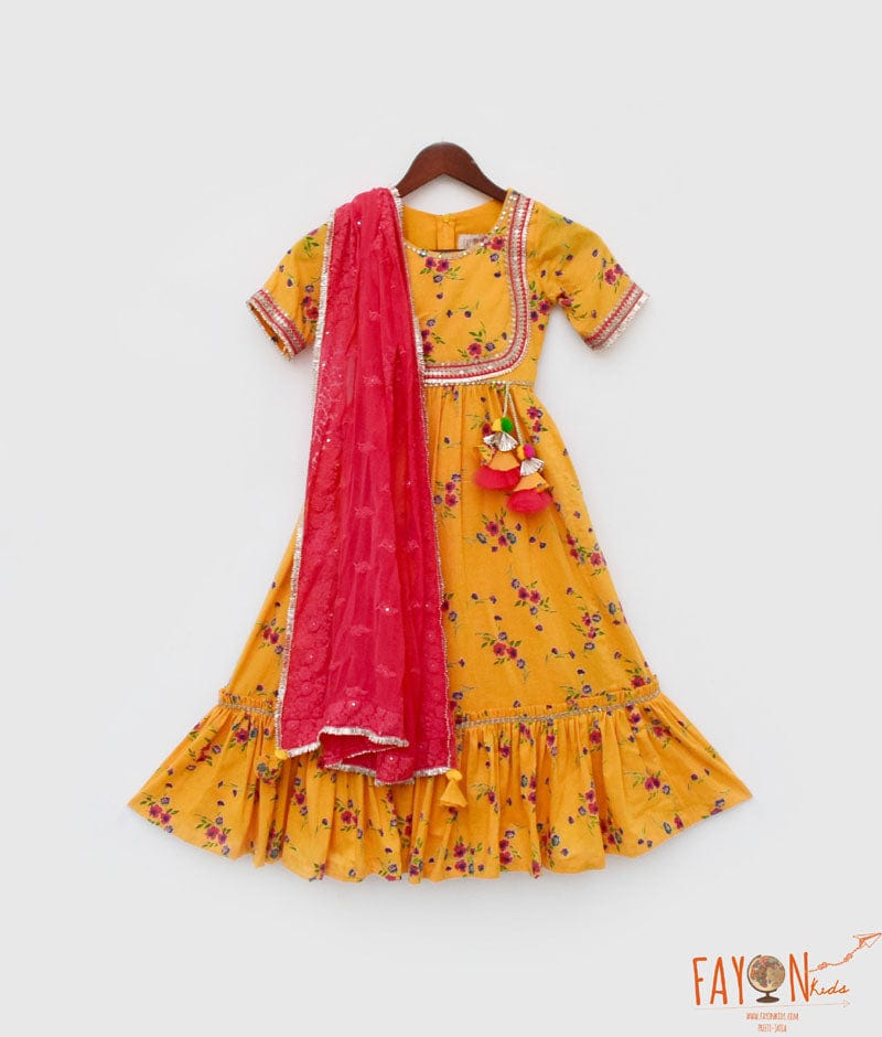 Yellow Print Anarkali and Chiffon Dupatta for Girls