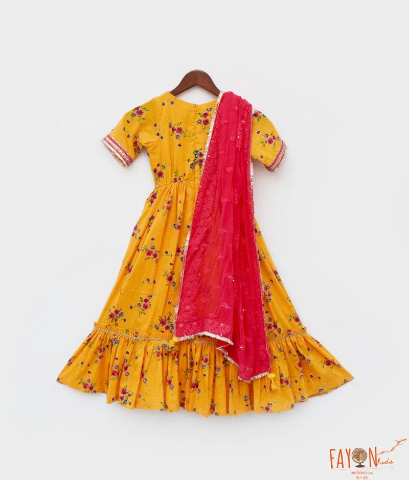 Yellow Print Anarkali and Chiffon Dupatta for Girls