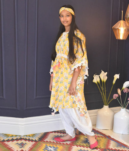 Yellow Print Khaftan and Dhoti for Girls