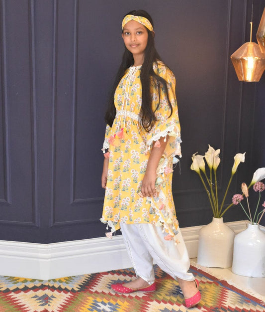 Yellow Print Khaftan and Dhoti for Girls