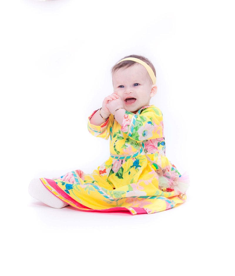 Yellow Printed Anarkali for Girls