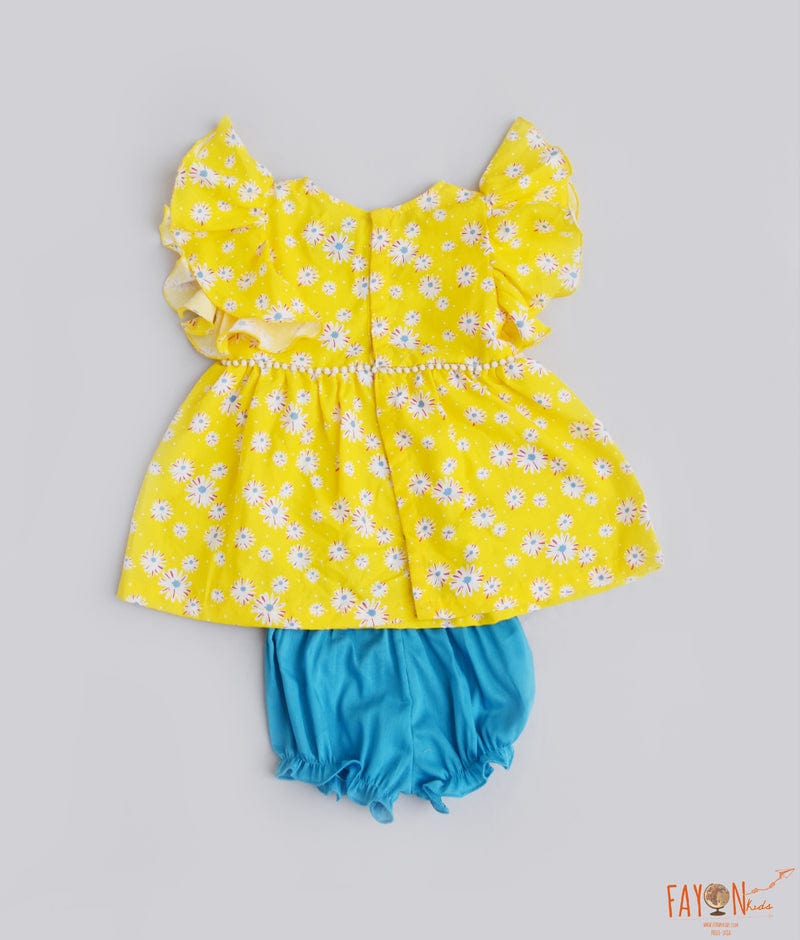 Fayon Kids Yellow Printed Jamna Set with Blue bloomers for Girls