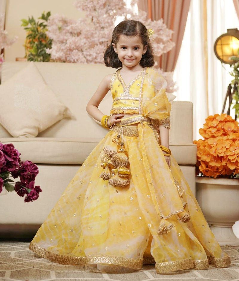 Fayon Kids Yellow Printed Organza Lehenga Choli and Dupatta for Girls