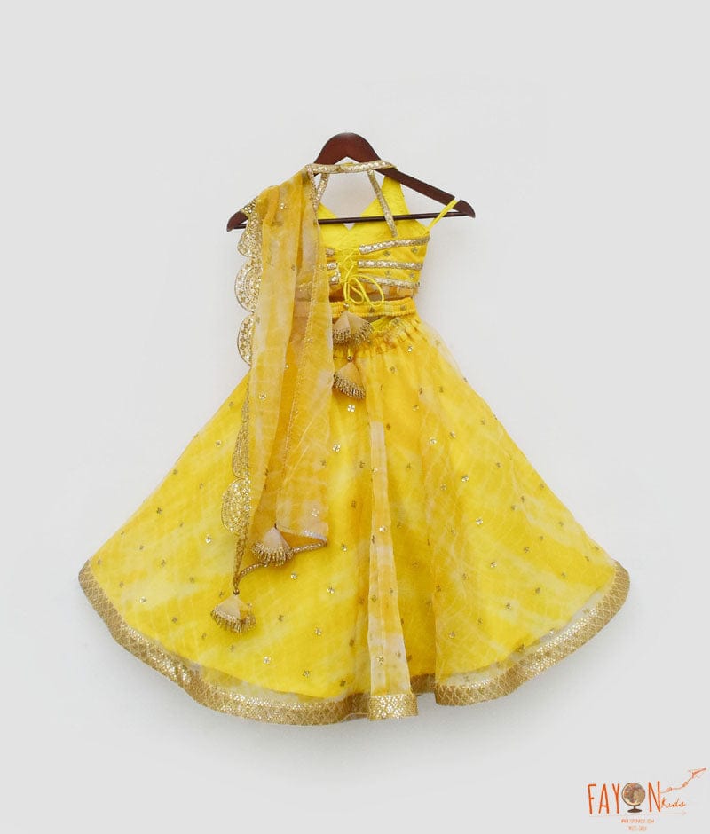 Fayon Kids Yellow Printed Organza Lehenga Choli and Dupatta for Girls