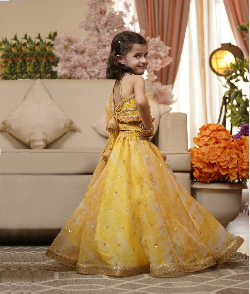 Fayon Kids Yellow Printed Organza Lehenga Choli and Dupatta for Girls