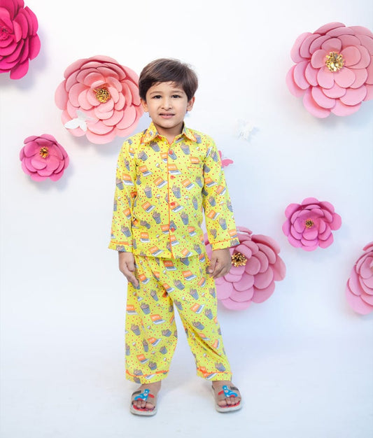 Fayon Kids Yellow Printed Shirt with Pajama for Boys