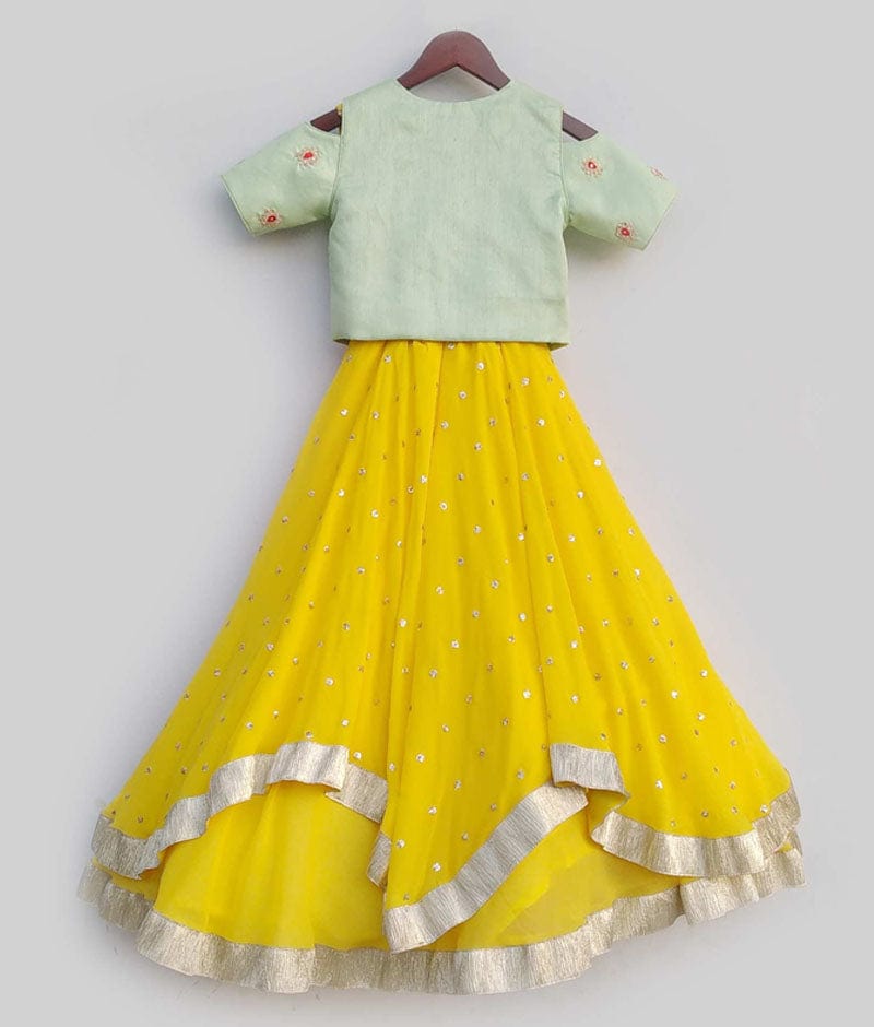 Yellow Sequin Pista Green Jacket Anarkali for Girls