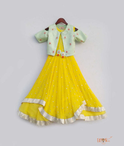 Yellow Sequin Pista Green Jacket Anarkali for Girls