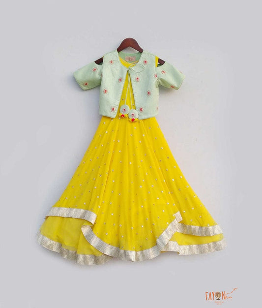 Fayon Kids Yellow Sequin Pista Green Jacket Anarkali for Girls