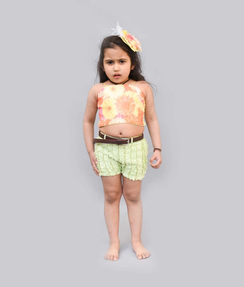 Yellow Sequins Top with Ruffles Shorts and Jacket for Girls