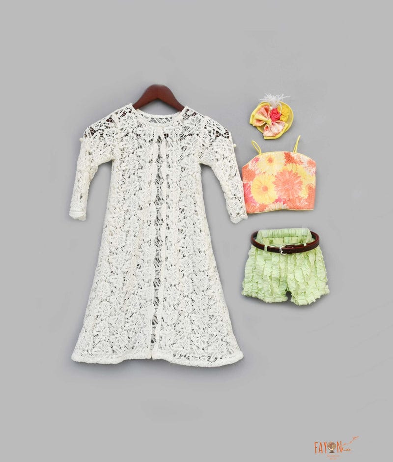 Yellow Sequins Top with Ruffles Shorts and Jacket for Girls