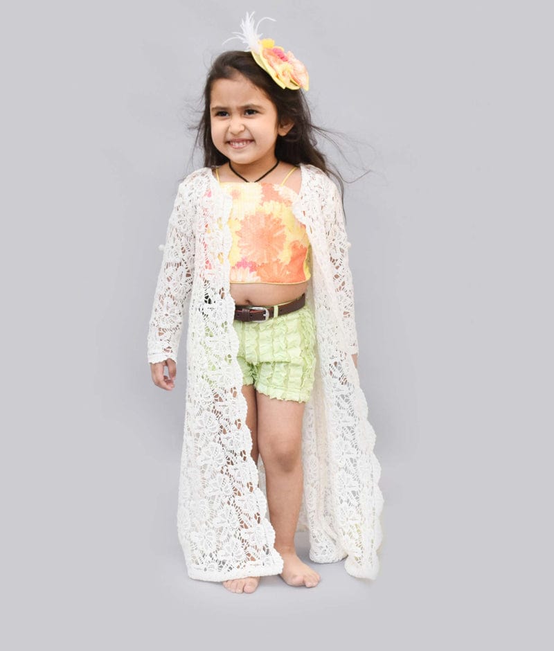 Yellow Sequins Top with Ruffles Shorts and Jacket for Girls