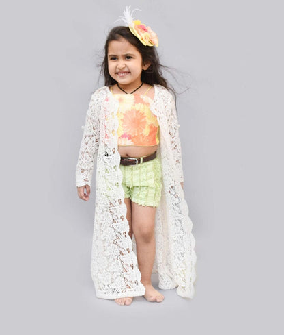 Yellow Sequins Top with Ruffles Shorts and Jacket for Girls