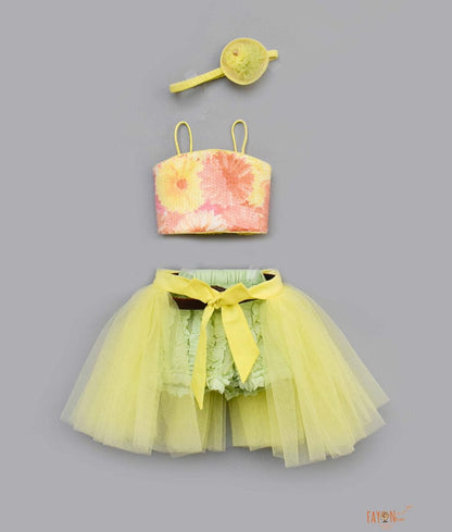 Yellow Sequins Top with Skirt Ruffles Shorts for Girls