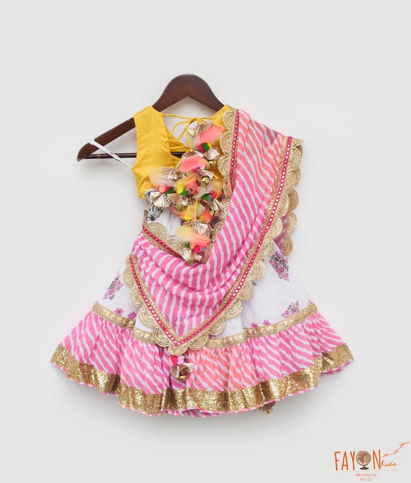 Fayon Kids Yellow Silk Choli and Pink Printed Lehenga Dupatta for Girls