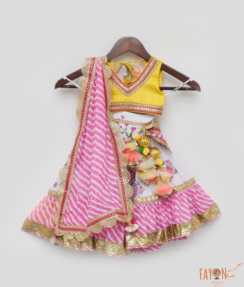 Fayon Kids Yellow Silk Choli and Pink Printed Lehenga Dupatta for Girls
