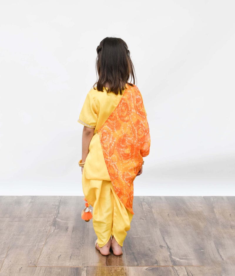 Fayon Kids Yellow Silk Dhoti Set with Bandhej Cowl for Girls