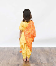 Yellow Silk Dhoti Set with Bandhej Cowl for Girls