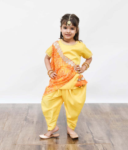 Fayon Kids Yellow Silk Dhoti Set with Bandhej Cowl for Girls