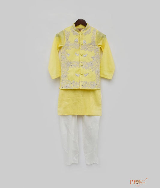 Yellow Silk Embroidery Nehru Jacket with Kurta Chudidar for Boys