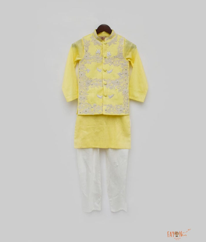 Yellow Silk Embroidery Nehru Jacket with Kurta Chudidar for Boys