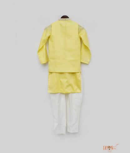 Fayon Kids Yellow Silk Embroidery Nehru Jacket with Kurta Chudidar for Boys