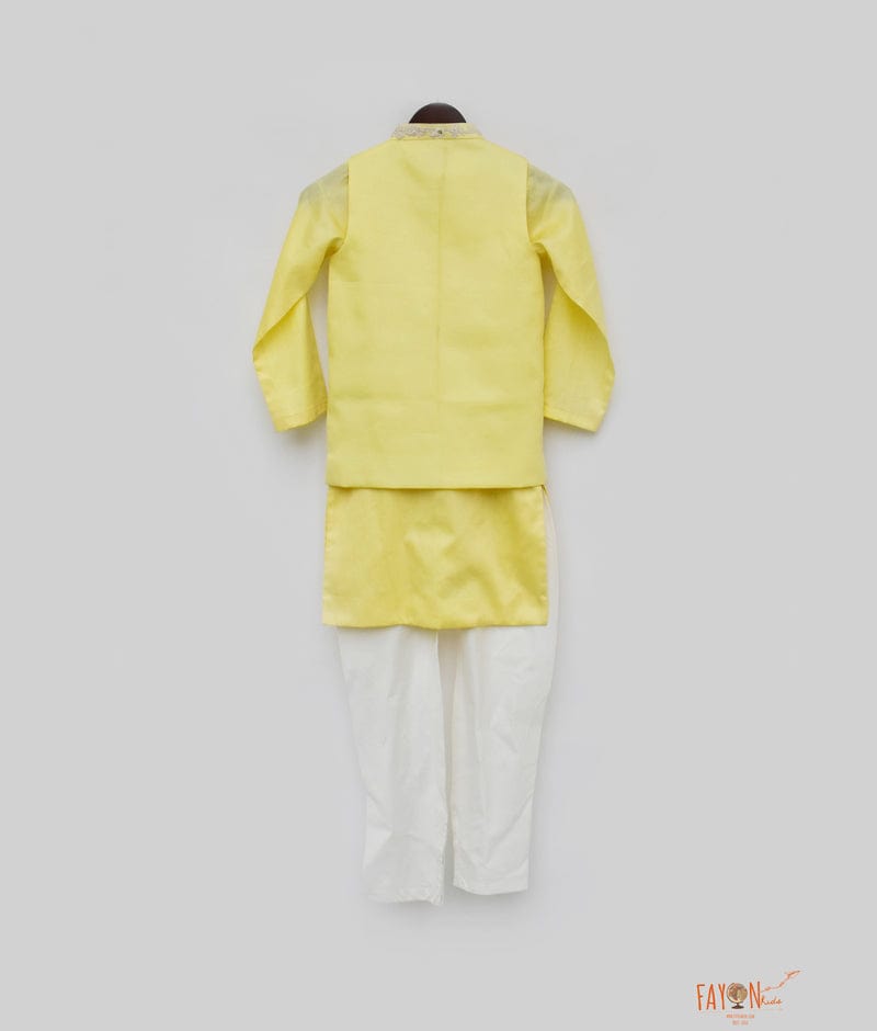 Yellow Silk Embroidery Nehru Jacket with Kurta Chudidar for Boys