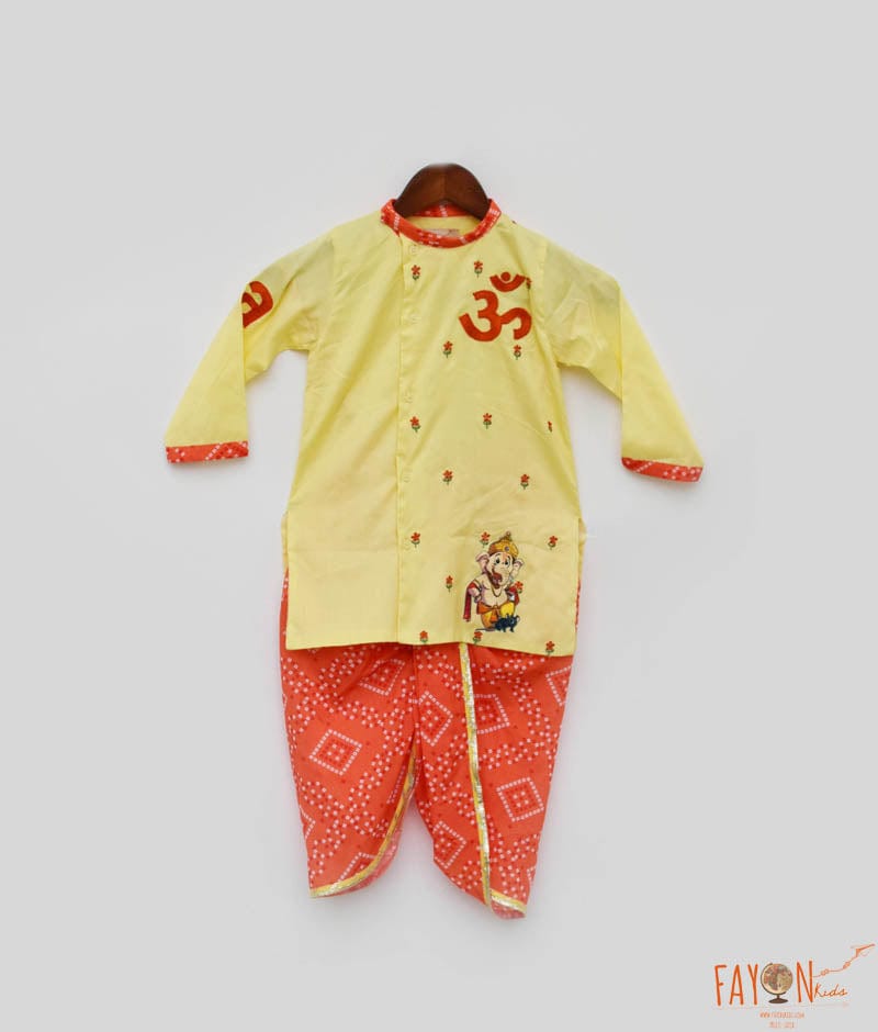 Yellow Silk Kurta and Orange Print Dhoti for Boys