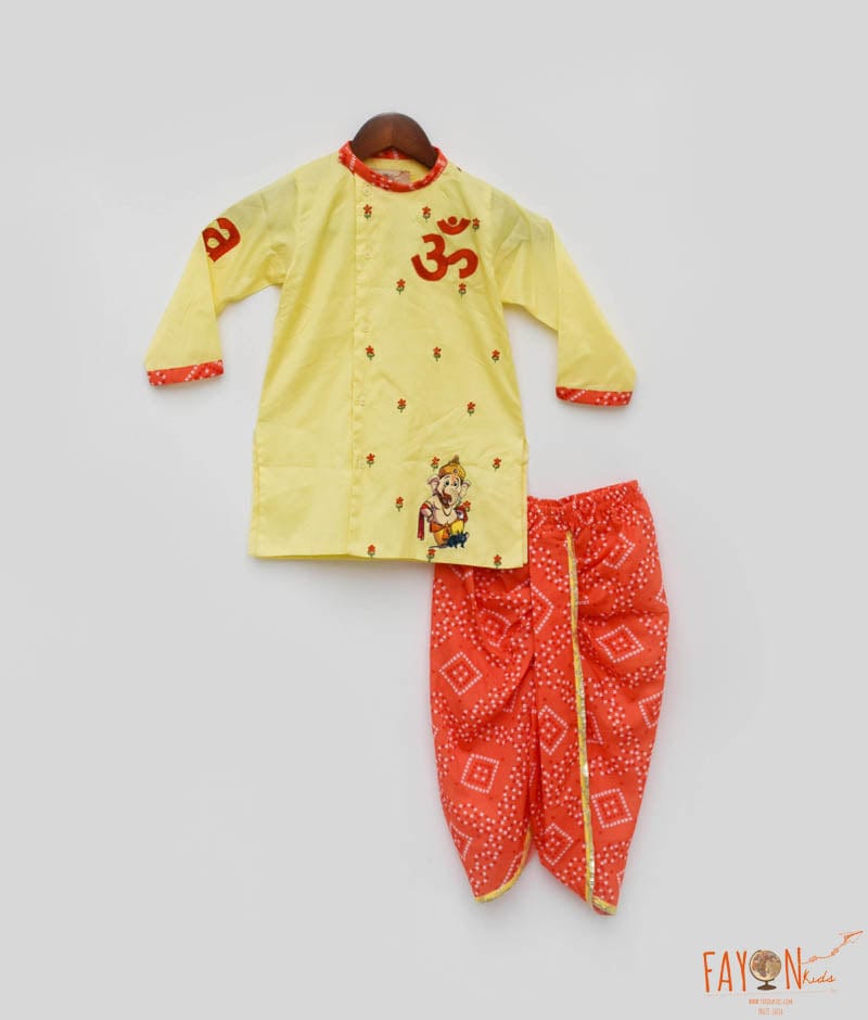 Yellow Silk Kurta and Orange Print Dhoti for Boys