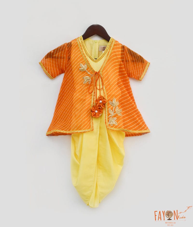 Fayon Kids Yellow Silk Orange Georgette Jacket Dhoti Set for Girls