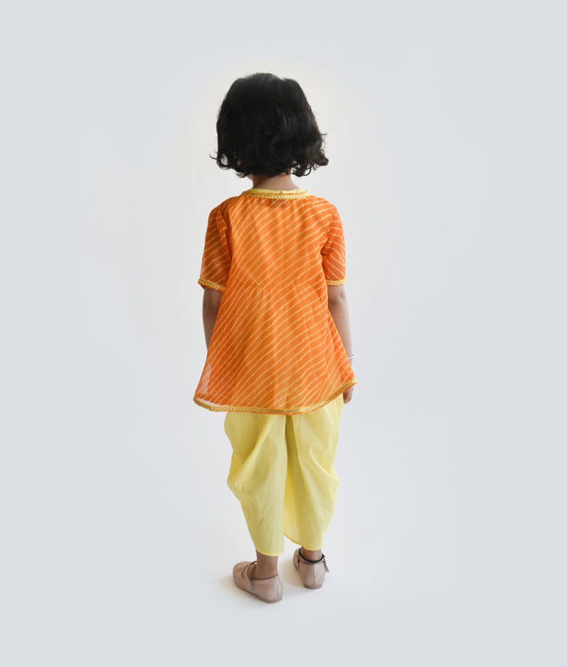 Fayon Kids Yellow Silk Orange Georgette Jacket Dhoti Set for Girls