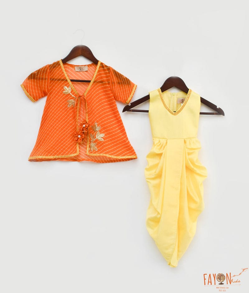 Fayon Kids Yellow Silk Orange Georgette Jacket Dhoti Set for Girls