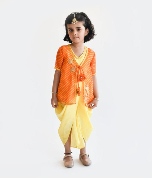 Fayon Kids Yellow Silk Orange Georgette Jacket Dhoti Set for Girls
